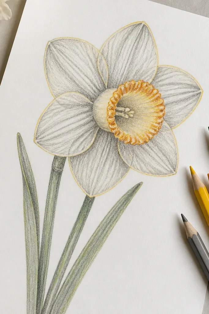 The daffodil has gray graphite petals with light shading. The trumpet opening has a colored pencil rim in warm yellow and orange. The outer petal edges are traced lightly with yellow colored pencil, while the rest stays mostly graphite. Leaves are green with a darker green center line.