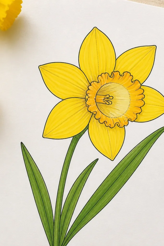 A daffodil drawing shows crisp black pen lines. Petals are filled with bright yellow marker in smooth strokes that follow petal shape. The trumpet has two yellow tones, and the inner opening is left slightly lighter. Leaves are green with clean edges and a clear central vein line.