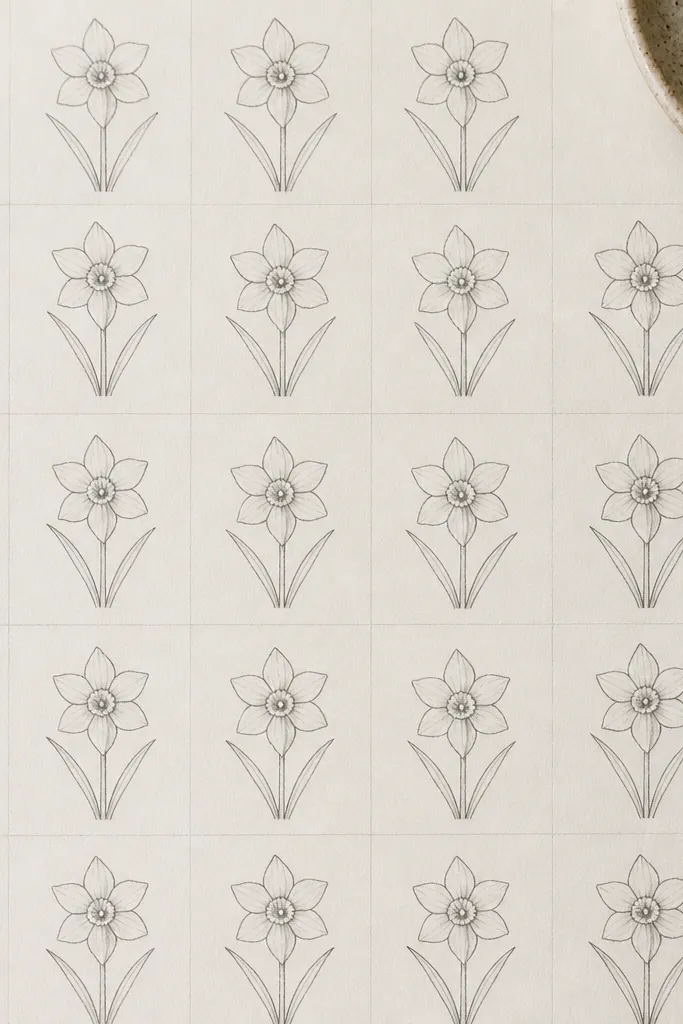 The page has faint pencil grid lines. Within each grid square there is a small daffodil with a consistent trumpet size and six petals. Leaves are placed consistently below each flower. Petals are lightly shaded with pencil, and the trumpet has a slightly darker outline.