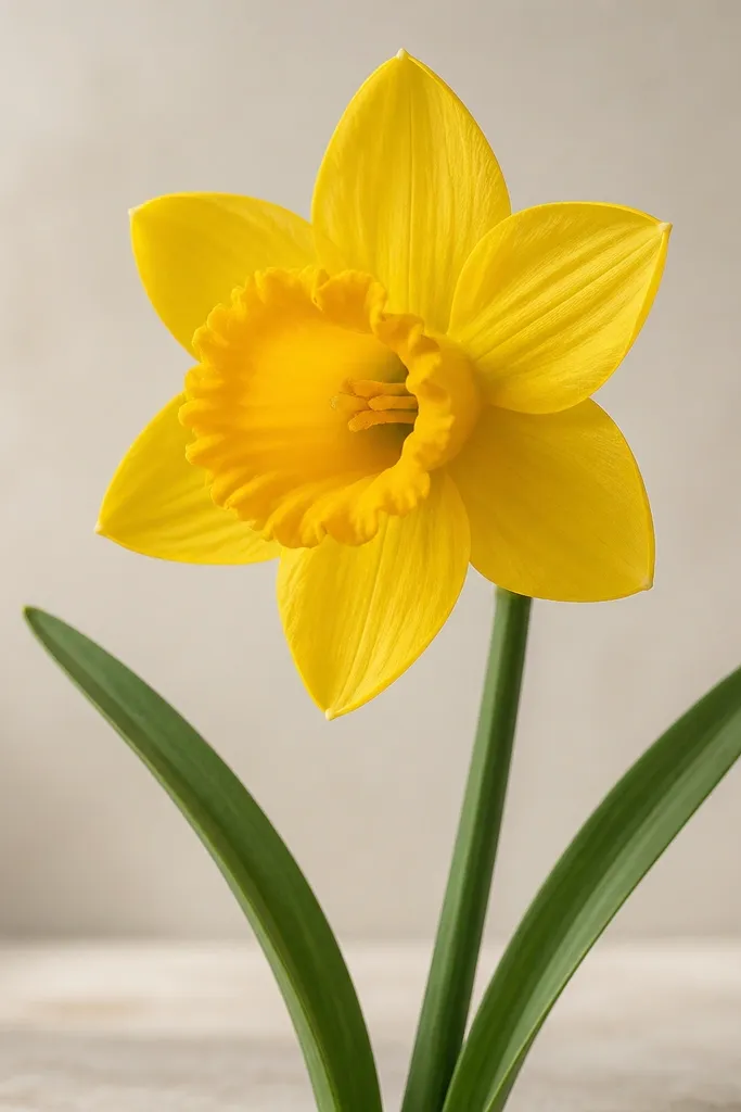 A marker daffodil has bright yellow petals and a golden trumpet. Two leaves extend downward, one angled left and the other angled right. The leaves have a darker green stripe down the middle. The flower is slightly tilted as if it's leaning toward the viewer.