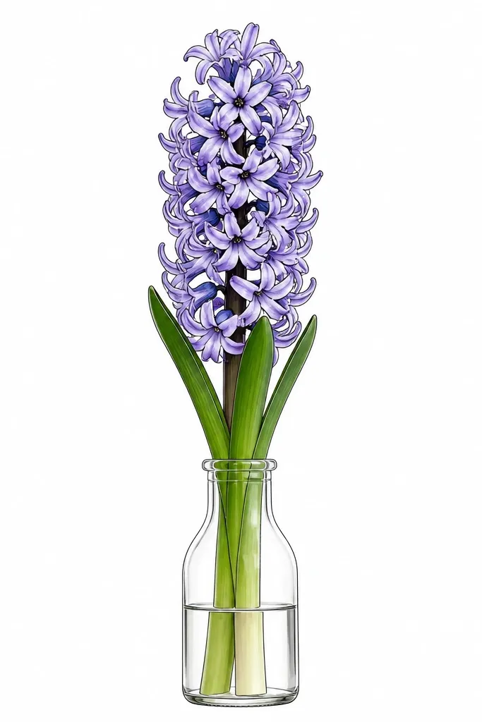 A tall hyacinth head in lavender drawn with crisp black outlines, sitting inside a simple bottle shape. The background is blank white with only the flower and bottle, and the petals are stacked like curved tubes.