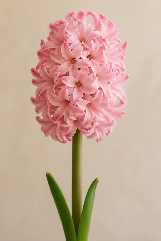 A hyacinth head in pink with slightly deeper pink at the outer petal edges. One slim green stem rises from the bottom, ending in two small leaves.