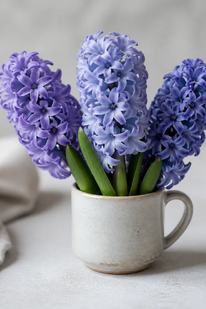 Three small hyacinth blooms clustered inside a tiny cup. Each bloom has stacked curved petals in different shades of lavender and blue, with a few leaves peeking out.