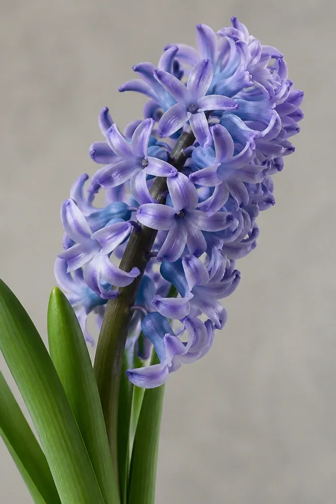 A hyacinth drawn from the side, with the flower head shaped like an angled oval. Petal tubes curve back like they wrap around the stalk.