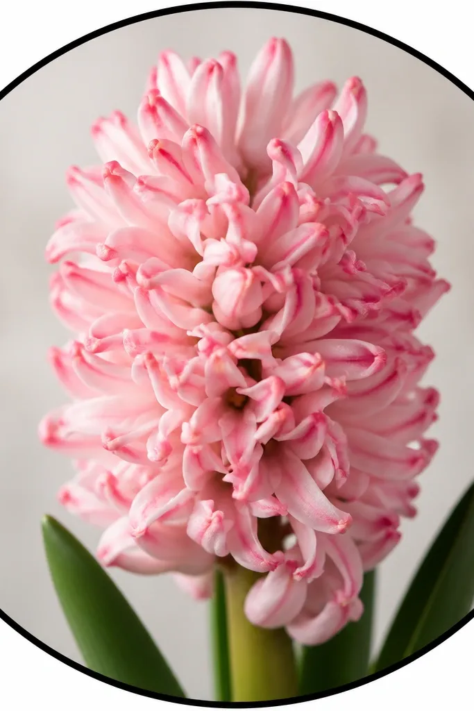 A bold black circle frame with a hyacinth head centered inside. The petals are stacked in tight tubes, and the color wash is pale pink with darker pink tips.