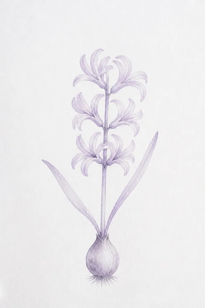 A super minimal hyacinth on white paper: a small bulb, three large curved petal tubes in each row, and two thin leaves. The lines are clean and the color is only a faint lavender wash.