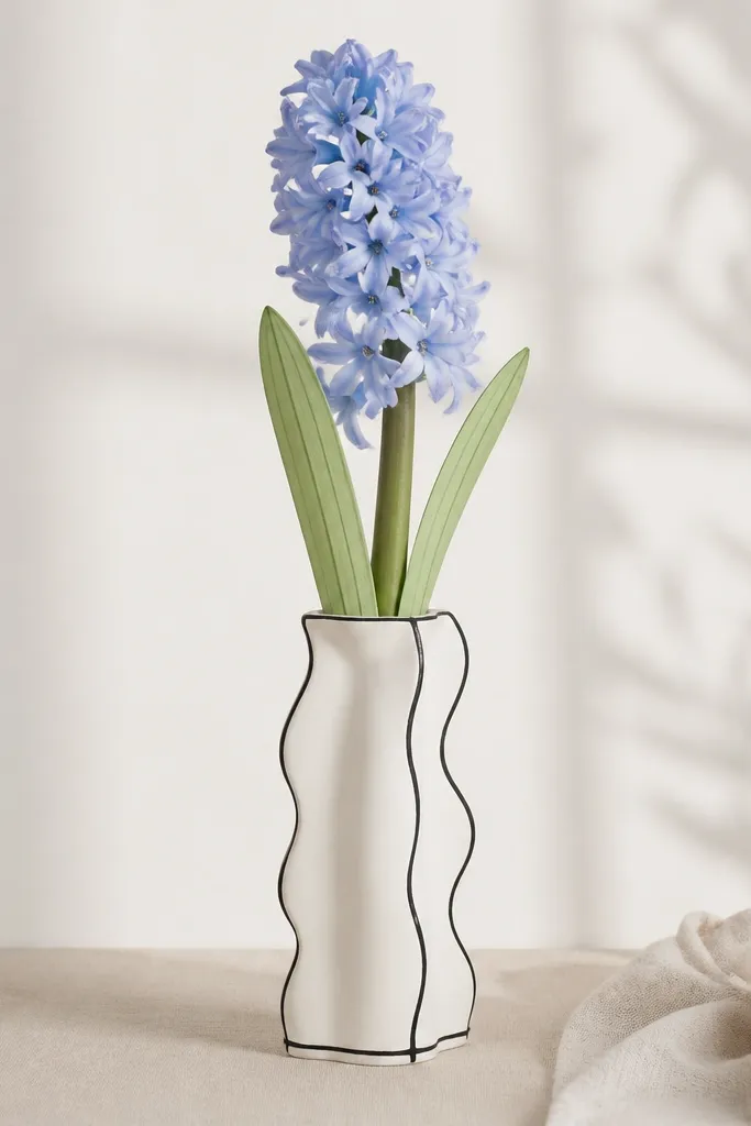 A wavy-edged vase drawn in black line art with a hyacinth head above it. The petals have a soft blue wash, and the leaves are pale green with a single vein line.