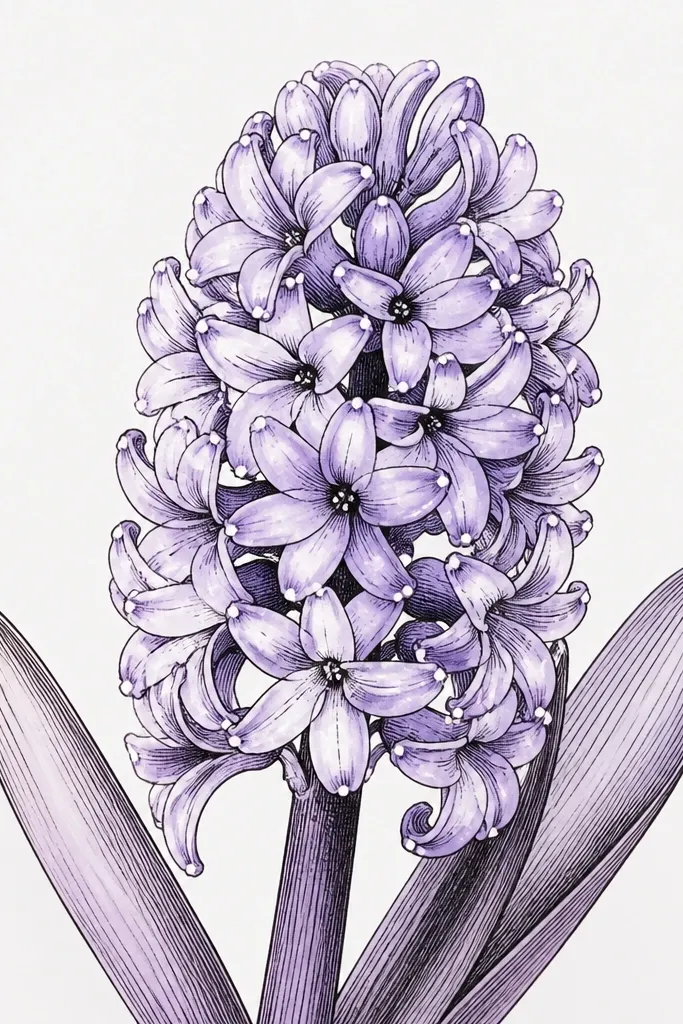 A hyacinth head drawn in black with lavender shading. White dot highlights appear on the tips of several petal tubes, giving a sparkly look.