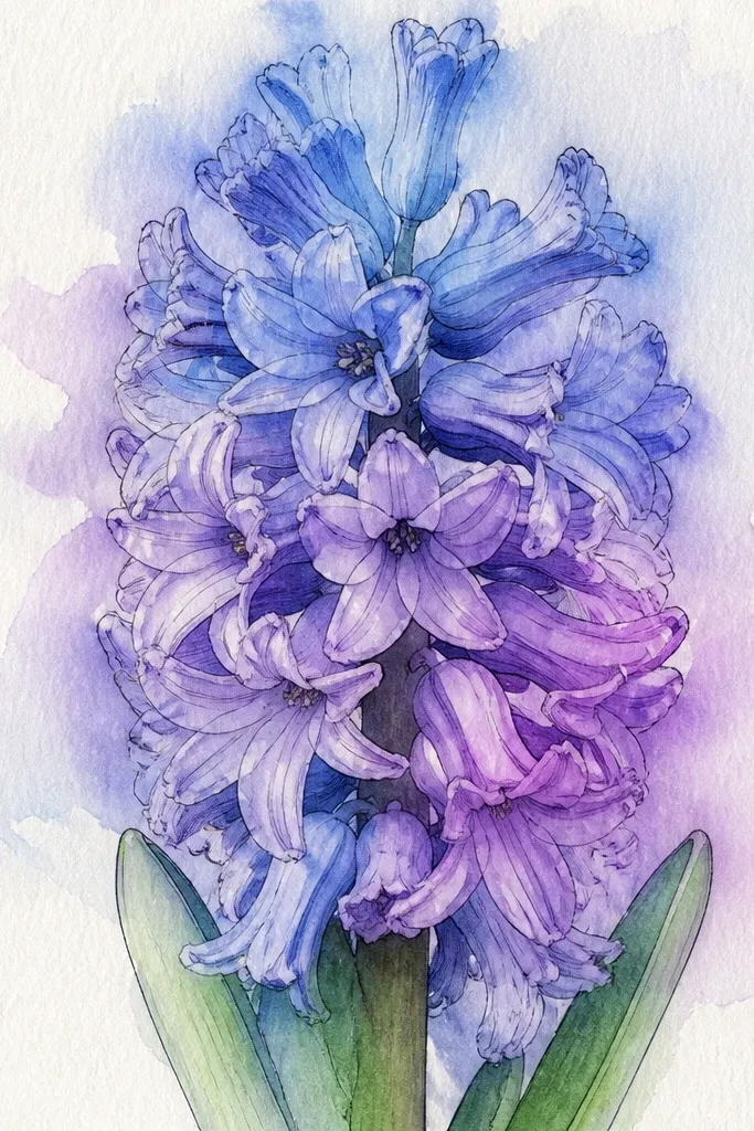 A hyacinth head outlined in pen, then colored with watercolor where the edges bleed softly. The petals are still tube-shaped, but the pigment fades outward.