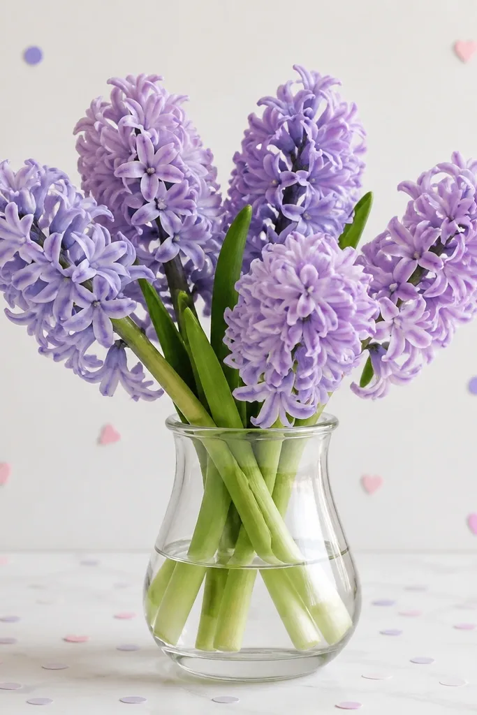 A small bouquet of hyacinths in a vase with a few scattered confetti dots and tiny hearts in the background. Petals are lavender, and the vase is a simple gray outline.