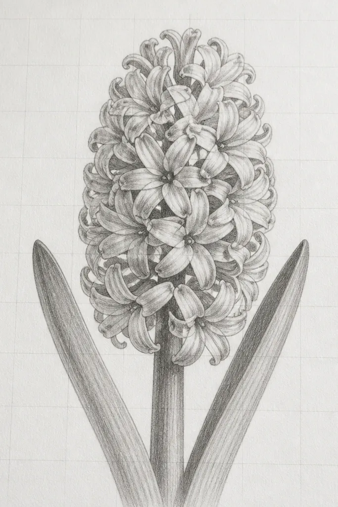 A hyacinth head drawn over a faint pencil grid, with clear tube segments and two leaves. The grid lines are visible lightly across the paper.