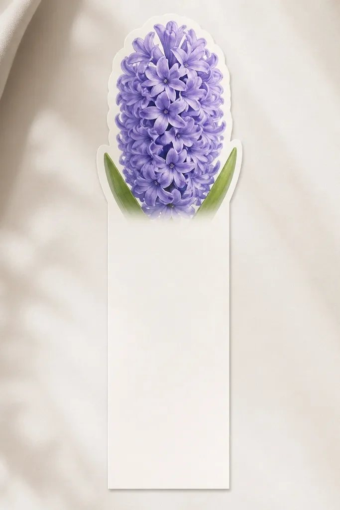 A tall bookmark shape with one large hyacinth head at the top and a small leaf on each side. The bottom is a plain rectangle for cutting.