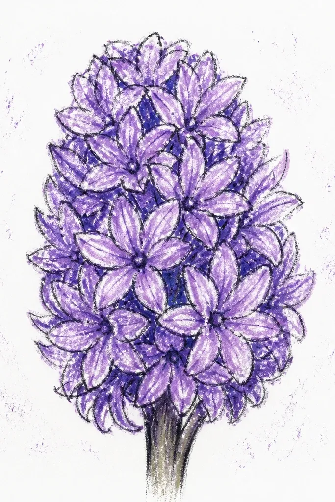 A hyacinth head drawn in black line art, filled with chalky pastel crayon texture in lavender and soft purple. The background stays white with a few smudged crayon specks.