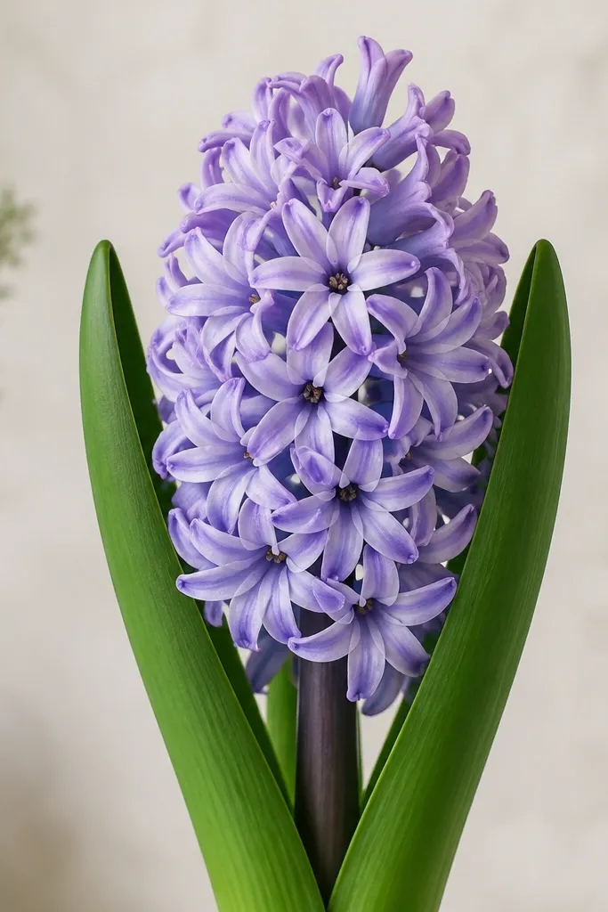 A hyacinth bouquet where two large leaves frame the flower head. The petals are lavender, and the leaves are drawn thicker with a bold outline.
