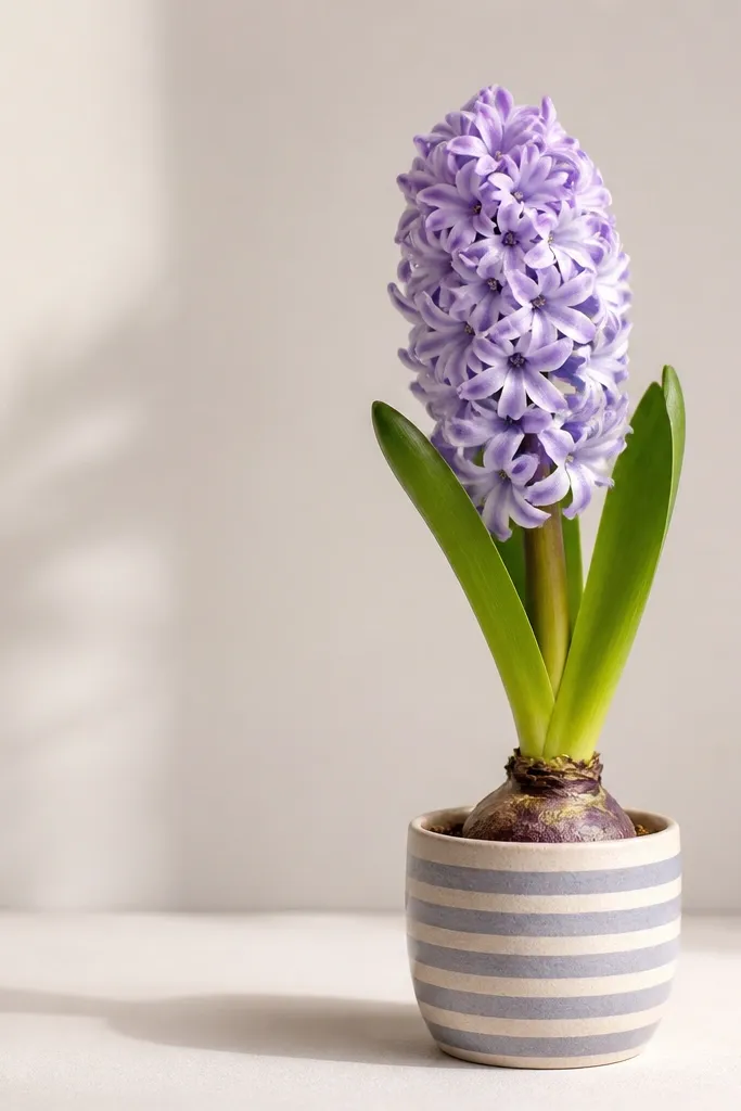 A hyacinth drawn in a small side pot with a simple ground shadow line underneath. The petals are lavender, and the pot has a minimal striped pattern.
