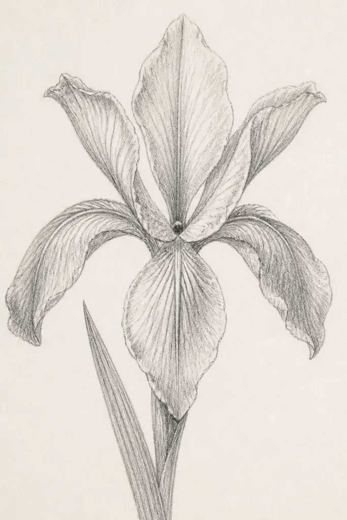 A single iris flower sketched in pencil. Three upright petals form a triangle shape, three lower petals angle down. A small dark dot sits in the center, and one long leaf rises from the base.