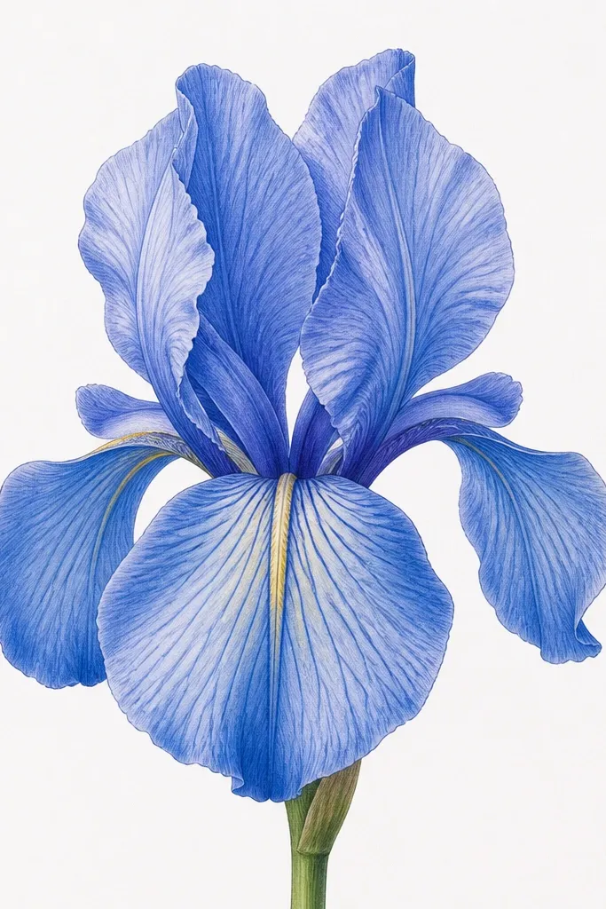 A blue iris drawing with clean linework. The center shows two thin stripes running from the middle outward on the lower petals, with soft shading along the petal folds.