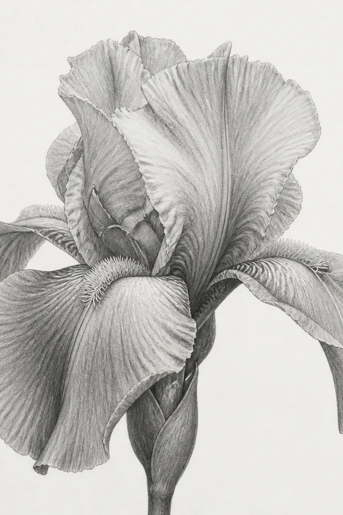 A graphite iris with no color. The petals are shaded with soft pencil blending, and the petal edges show feathered strokes that suggest texture.