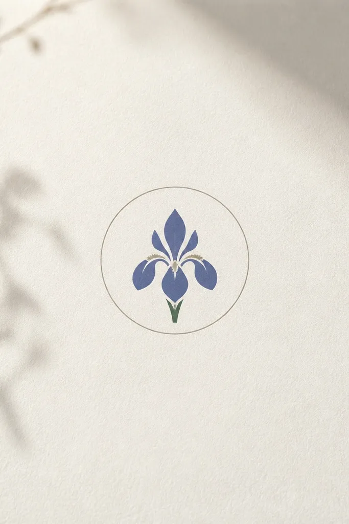 A small iris drawing centered inside a thin circle. The petals are simplified into bold teardrops, with a small central notch and minimal shading.