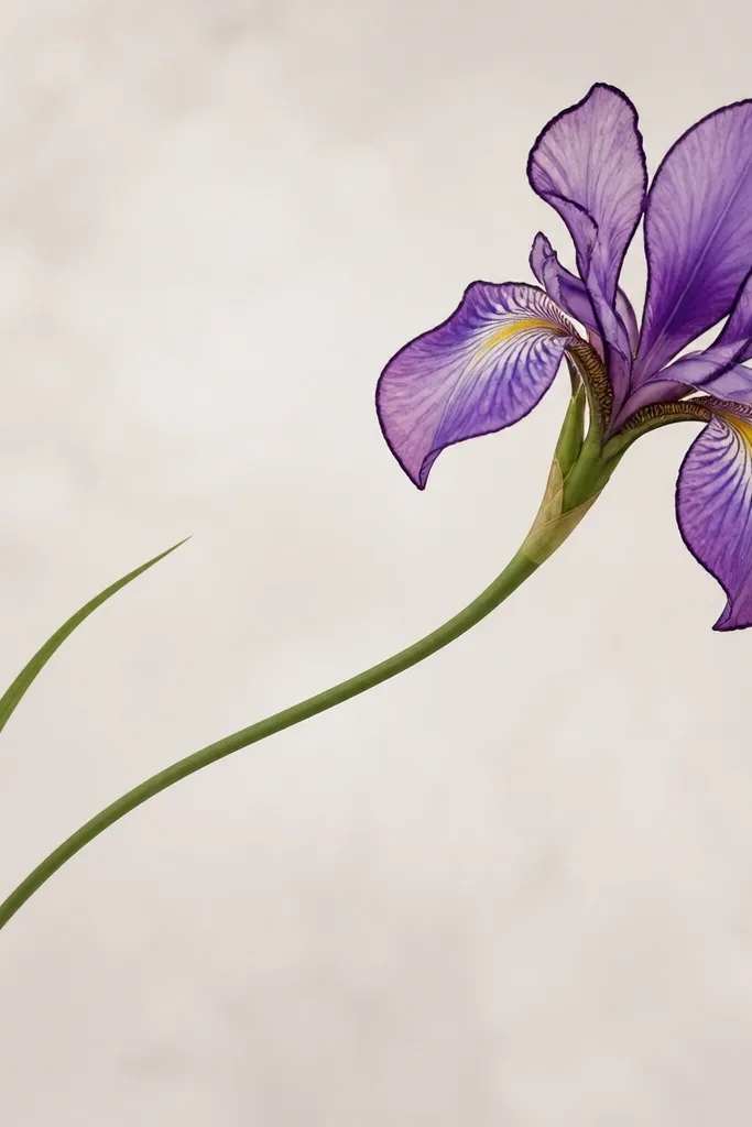 A single iris with a sweeping curved stem that bends across the page. Two narrow leaves trail behind, and the iris petals are outlined with a thicker line than the stem.