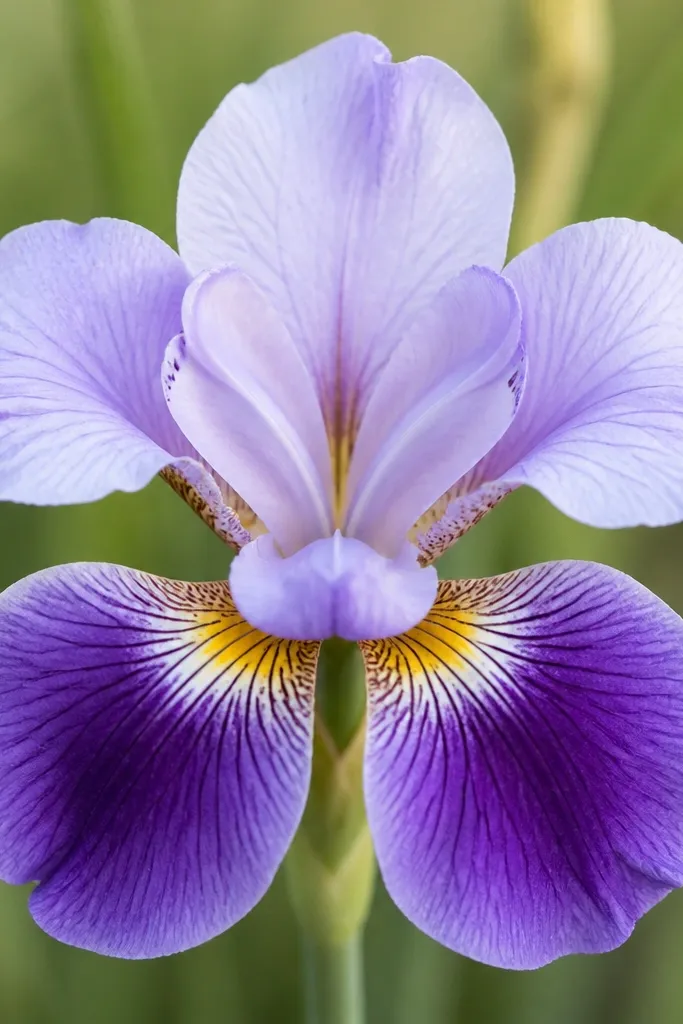 A front-facing iris with six symmetrical petals. The center has a fan shape with short wedge marks, and the lower petals show a deep purple base.