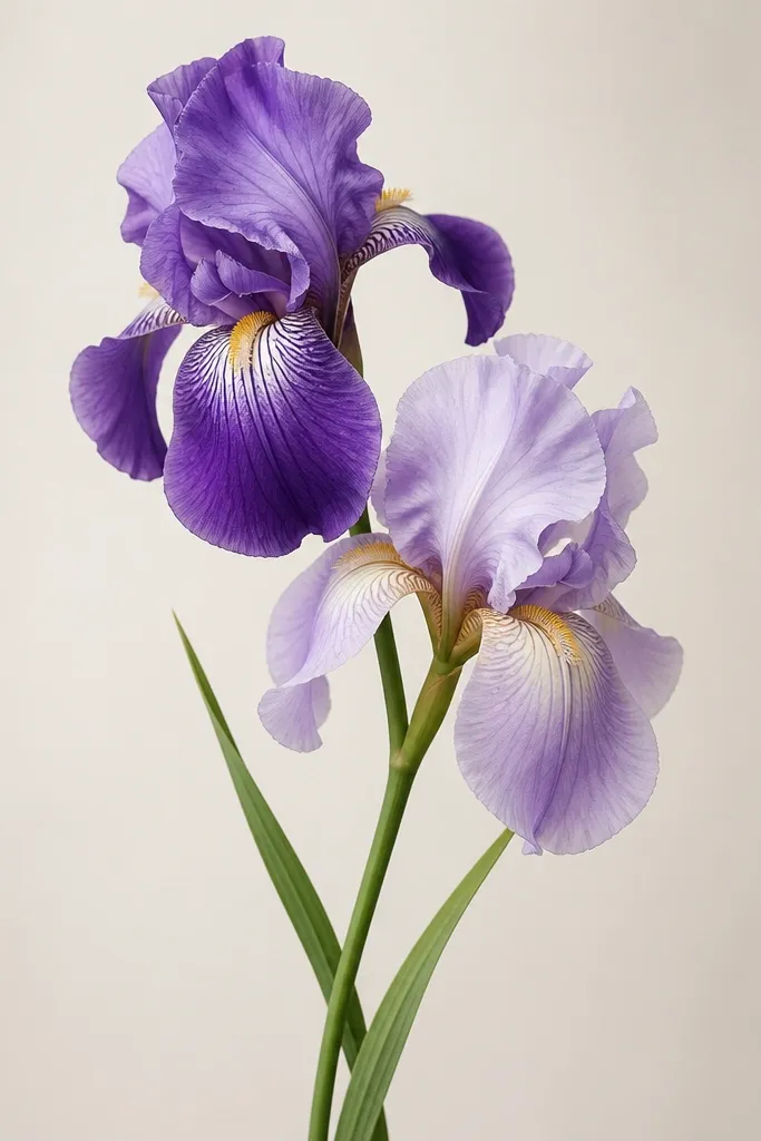 Two irises placed diagonally so their lower petals cross. The composition is centered like a bookmark design, with thin stems and a couple of leaves.
