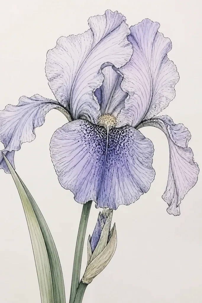An iris drawn with ink. The petals are lightly colored, and the center has a dense cluster of tiny speckles like dots and short dashes.