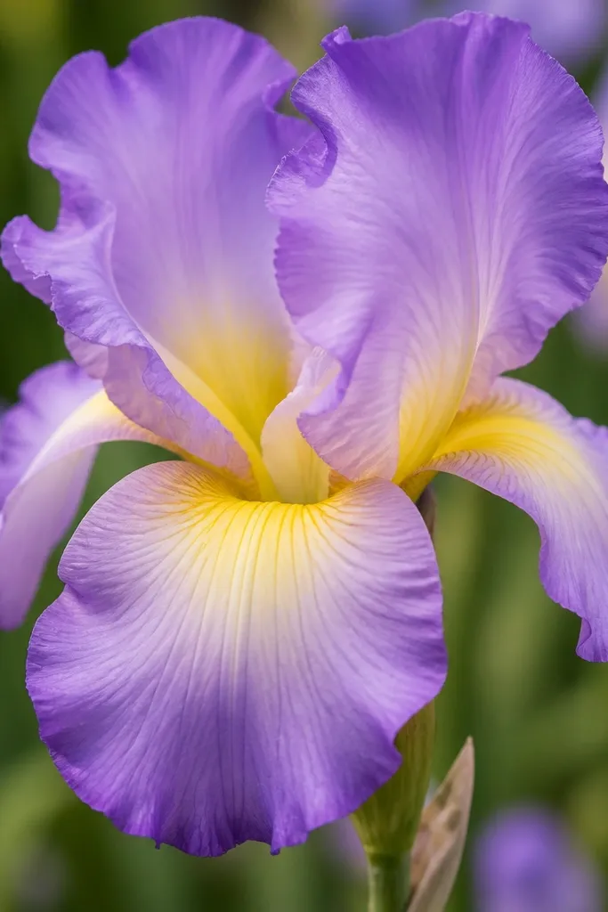 An iris colored with a smooth gradient. The petals fade from pale yellow near the center to lavender, then darker purple at the petal edges.