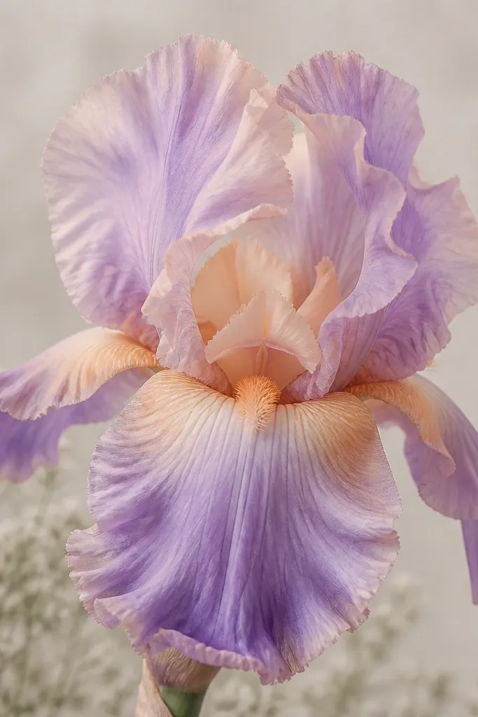 An iris with warm colors. Lavender petals have subtle peach highlights along the top surfaces, and the center is creamy beige with a darker peach core.