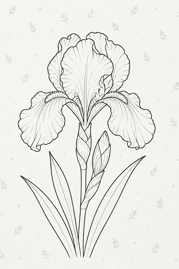 A black outline iris with no fill color. Behind it, the background has a simple pattern of small dots and tiny leaf shapes in pale gray.