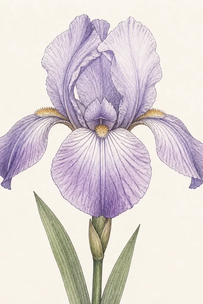 An iris drawing where the lower three petals show thin vein lines radiating from the center. The veins are drawn in pen and lightly shaded around them.