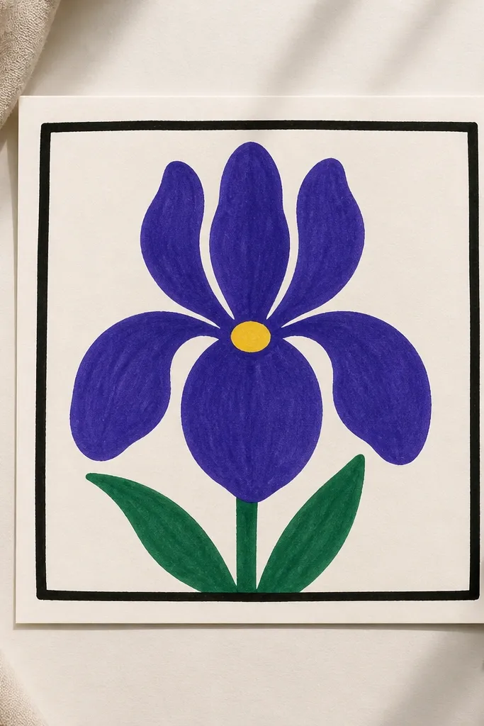 A square border encloses a simple iris. The petals are thick and rounded, the center is a small circle, and the coloring is done with bold marker fills.