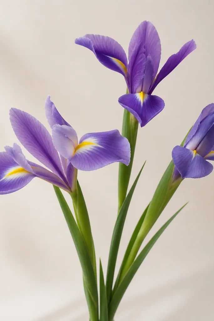 Three small irises drawn together like a mini bouquet. Each iris has simplified petals and different angles, with three stems and a few leaves.