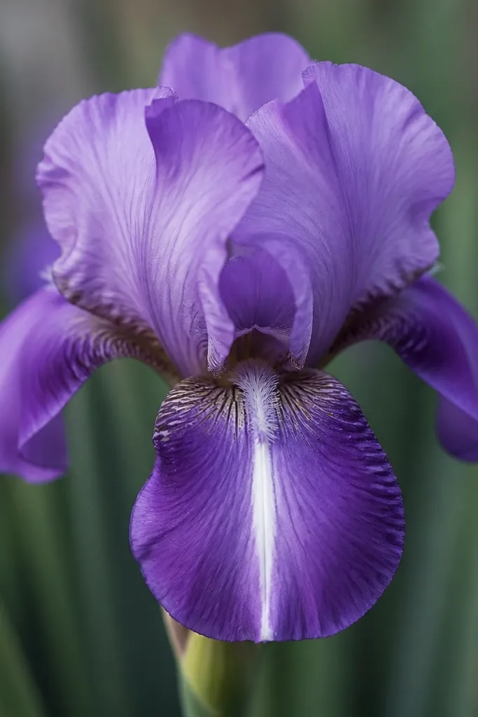 A purple iris where a single bright white stripe runs down the center of the lower petals. The rest of the petals are shaded lightly in violet and darker purple at edges.