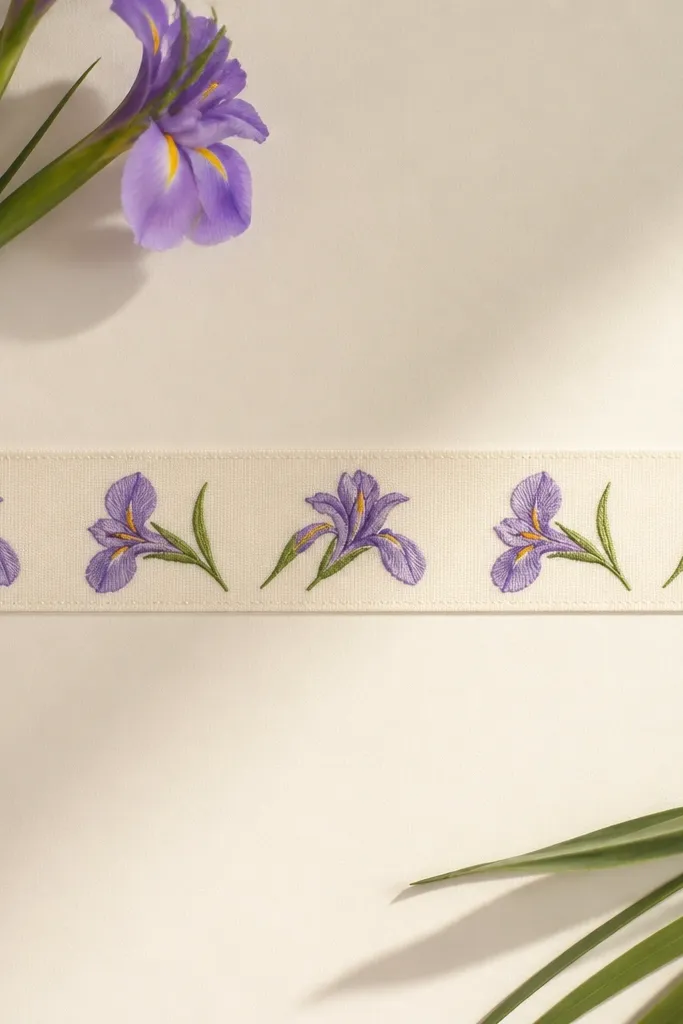 A border strip filled with repeating small irises. Each iris is simplified, with consistent petal angles and centers, alternating directions along the line.