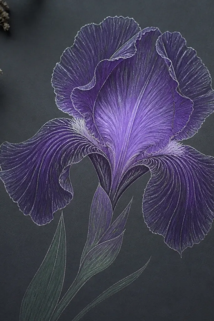 A purple iris drawn on dark gray paper. Petals are outlined with silver gel pen, and the center glows with light lavender fill.