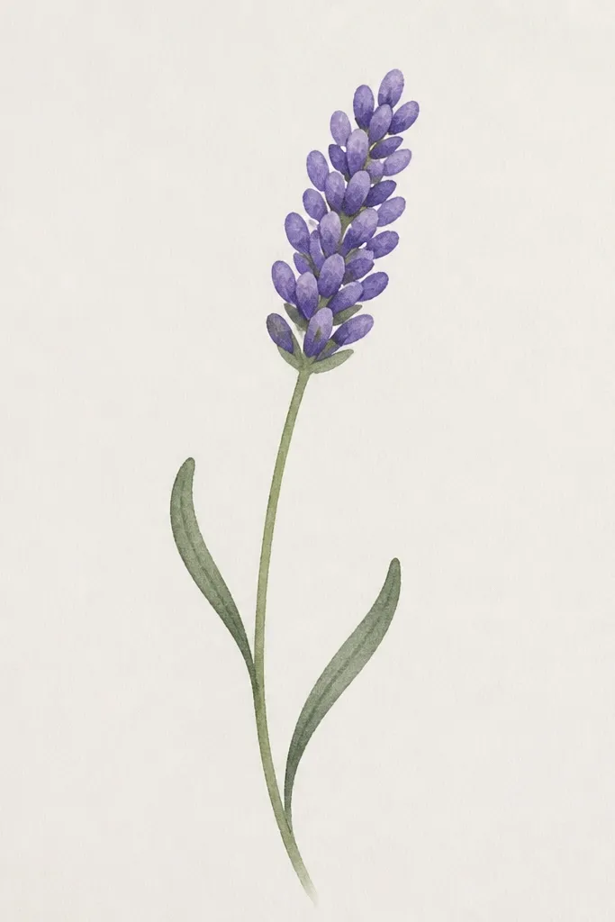 A simple drawing of a lavender sprig with one main flower head. The head is made of several small thumbprint-like ovals stacked in a tight oval shape, with a curved stem and two comma-shaped leaves.