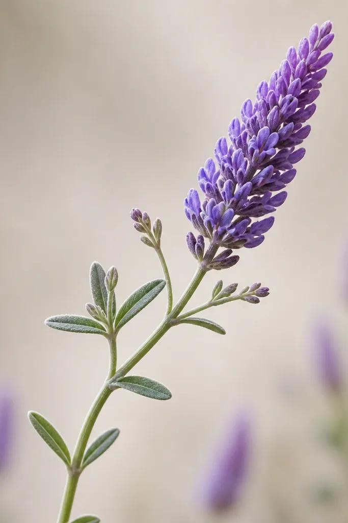 A lavender flower head built from stacked U-shaped strokes. The stem is a smooth curve, with small leaf pairs and a few short side branches.