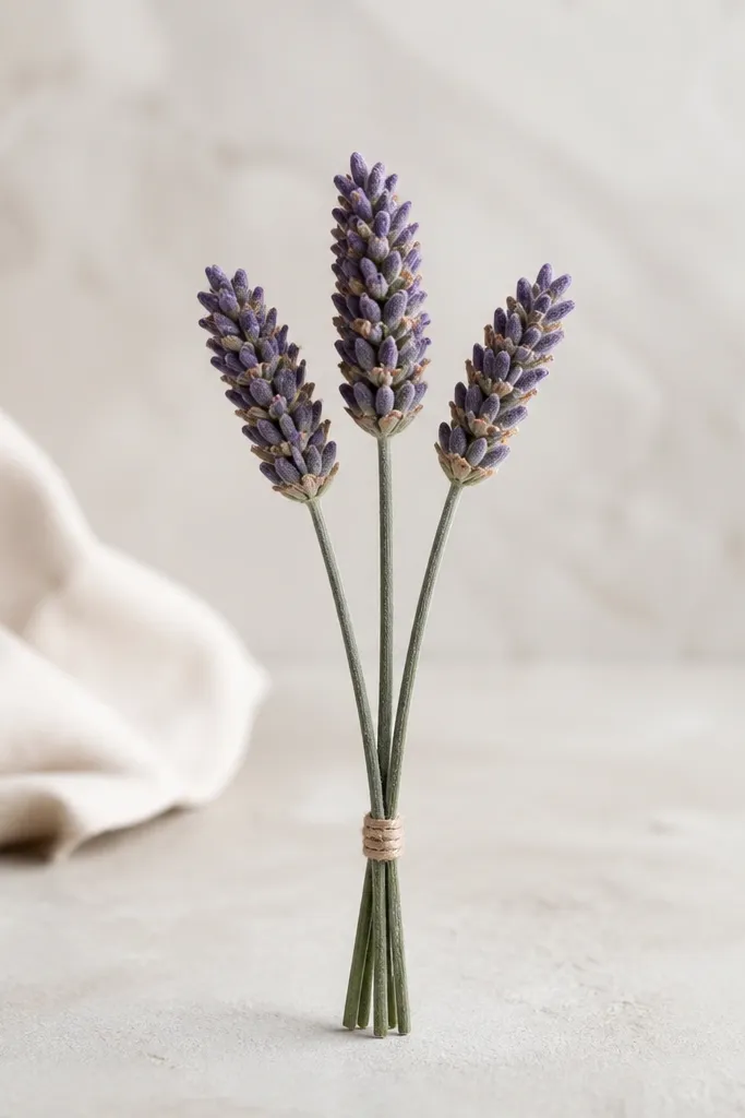 A bunch of three small lavender heads arranged like a mini bouquet. Each head has short spike marks, and the stems bundle together at the bottom.
