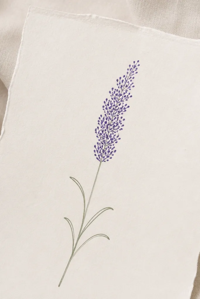 A lavender sprig where the flower head is filled with tiny dots and short dashes. The leaves are simple curved lines, and the stem is a thin single line.