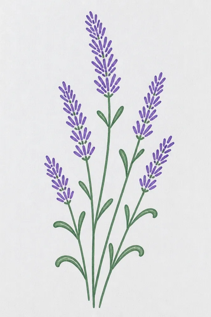 A clean marker drawing of a lavender sprig with crisp outlines. The flower head is made of repeated short lines, and leaves are simple teardrop-like commas.