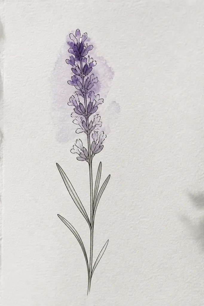 A lavender sprig drawn with thin ink outlines. The flower head is filled with a pale watercolor wash that blooms at the edges, with darker violet pooling near the top.