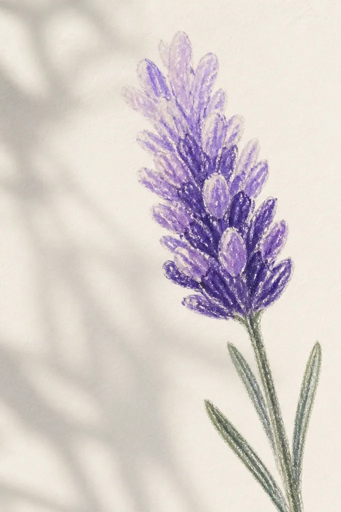 A lavender sprig where the flower head has lighter tip areas. Crayon marks are visible as pale highlights, and the head is colored with a purple wash over them.