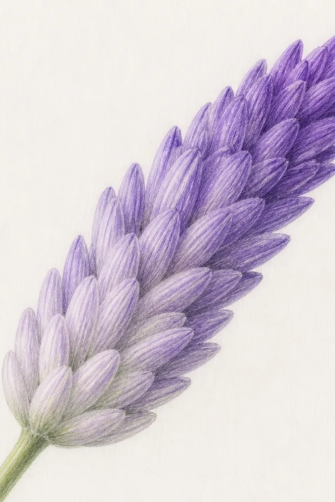A lavender head made of short spike rows shaded with colored pencil. The bottom is pale, and the top is darker, with visible pencil strokes following the spike direction.