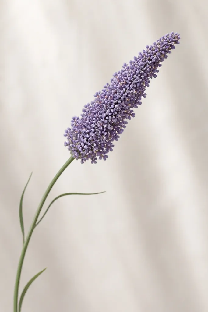 A lavender head drawn as a cluster of tiny mini circles and ovals. The stem is curved, and leaves are simple curved lines with small tips.