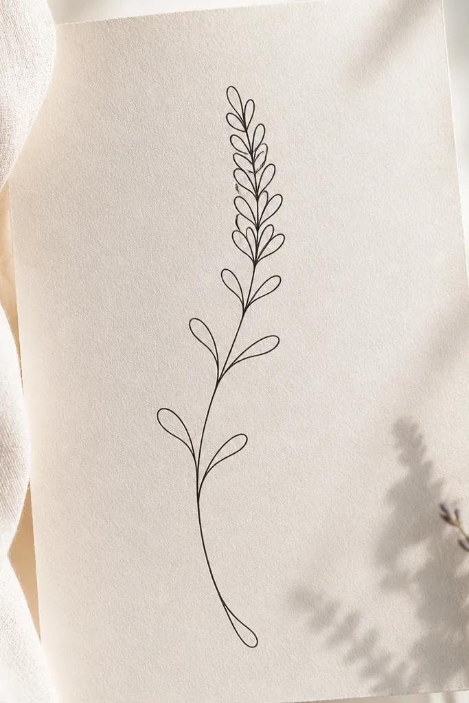 A minimalist lavender sprig drawn in one continuous line. The flower head is a series of connected spike loops, and leaves are small teardrop loops along the stem.