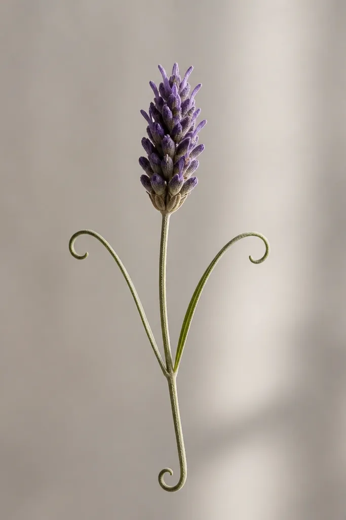 A lavender sprig with one main head and two side leaf curls. The head has short spike marks, and the stem ends with a slight curl flourish at the bottom.