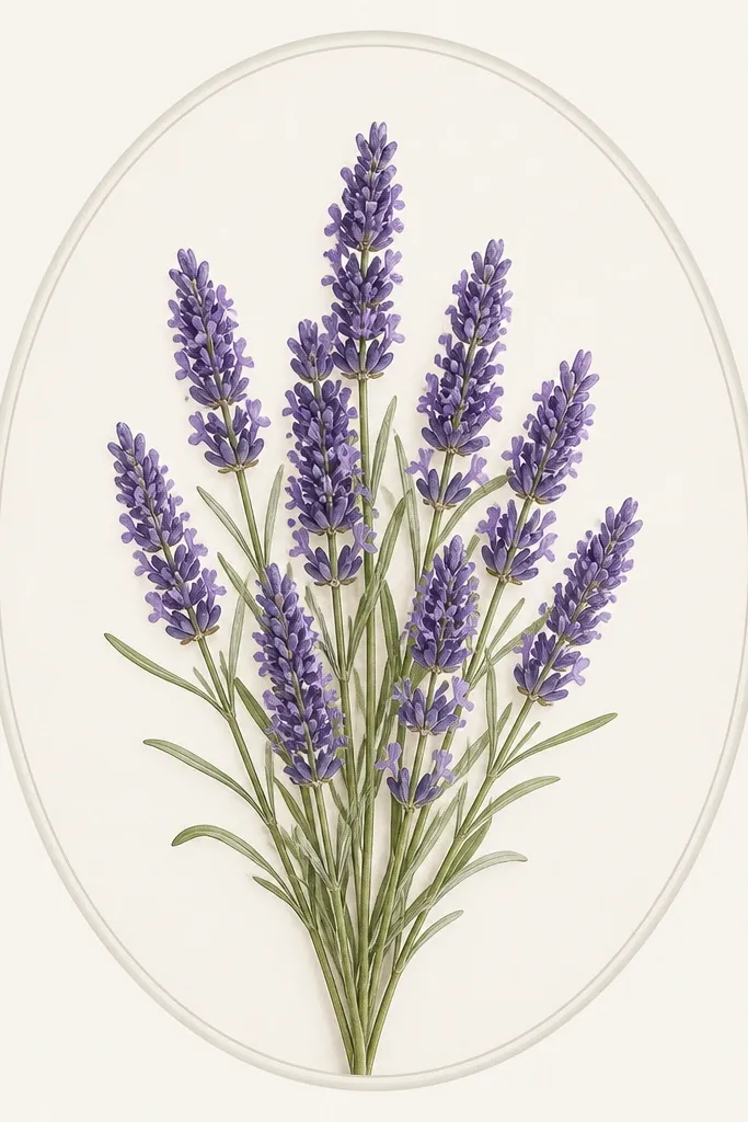 A lavender bunch drawn inside a light oval frame. Several lavender heads stack upward, with stems meeting at the bottom, and leaves sit between the heads.