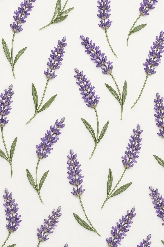 A small square tile filled with repeating lavender sprigs. Each sprig has a curved stem, a compact head of spikes, and two leaves.