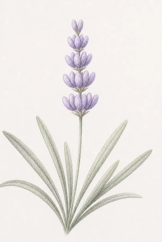 A lavender drawing where leaves are drawn first, forming a gentle fan. The flower head sits above the leaves and is built from stacked U-shapes.